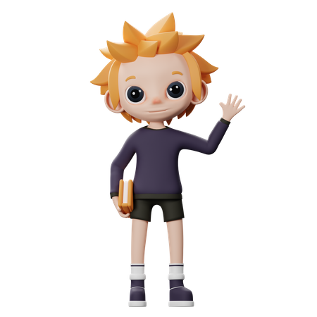 Boy waiving hand and holding book 3D Illustration