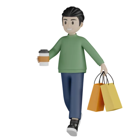 Boy walking and holding coffee and shopping bags  3D Illustration