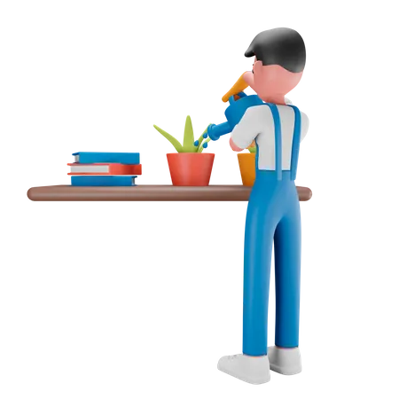 Boy watering the plant 3D Illustration