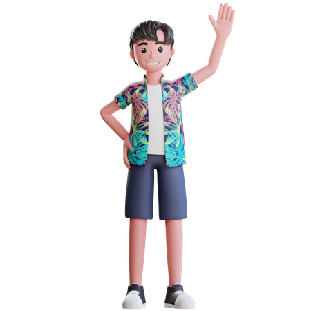 Boy waving hand while enjoying at beach  3D Illustration