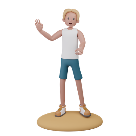 Boy waving hand while enjoying at beach  3D Illustration