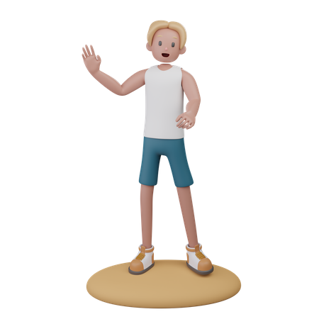 Boy waving hand while enjoying at beach 3D Illustration