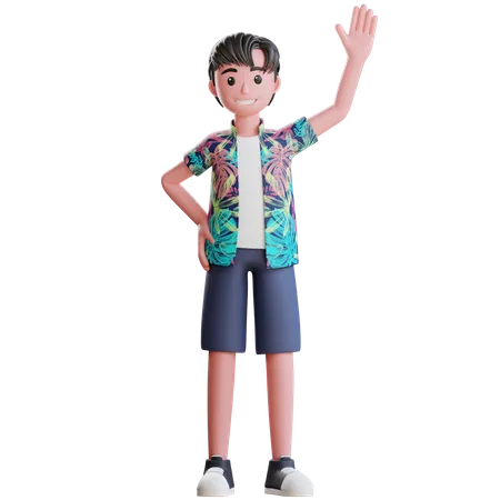 Boy waving hand while enjoying at beach  3D Illustration