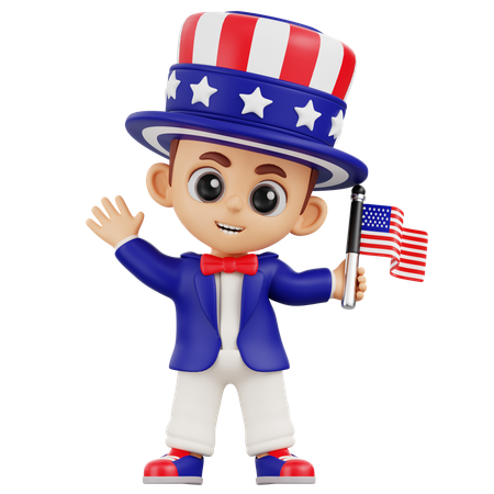 Boy Waving Hand With American Flag  3D Illustration