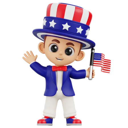 Boy Waving Hand With American Flag  3D Illustration