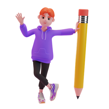 Boy waving his hand with pencil  3D Illustration