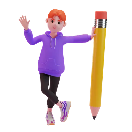 Boy waving his hand with pencil  3D Illustration