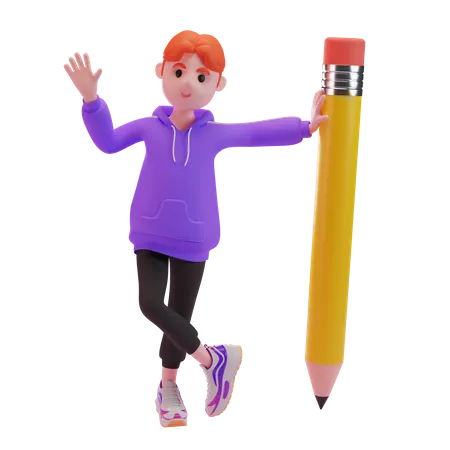 Boy waving his hand with pencil 3D Illustration