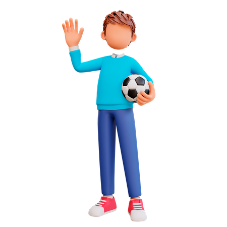 Boy waving while holding a soccer ball  3D Illustration