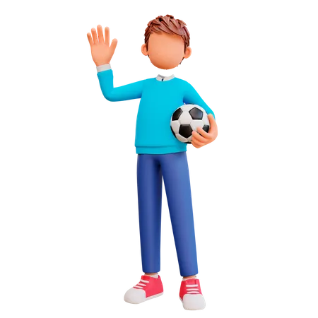 Boy waving while holding a soccer ball  3D Illustration