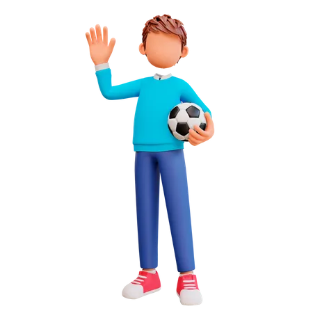 Boy waving while holding a soccer ball 3D Illustration