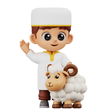 Boy Waving With Sheep  3D Illustration