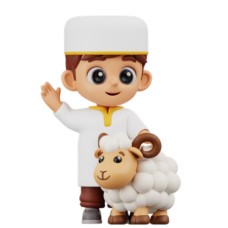 Boy Waving With Sheep  3D Illustration