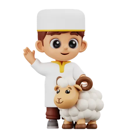 Boy Waving With Sheep  3D Illustration