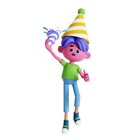 Boy wearing a cap and popping confetti at party  3D Illustration