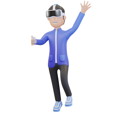 Boy wearing virtual reality headset and waving hand  3D Illustration