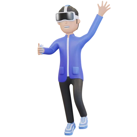 Boy wearing virtual reality headset and waving hand  3D Illustration