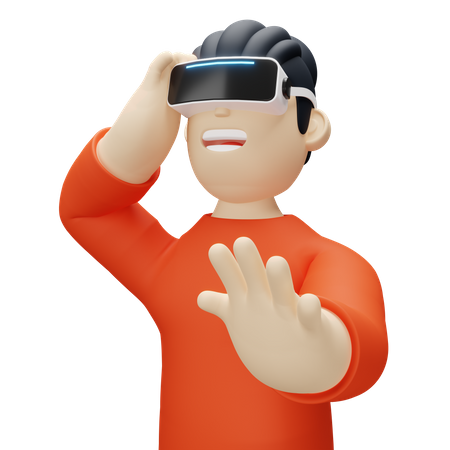 Boy wearing virtual reality headset and waving hand  3D Illustration