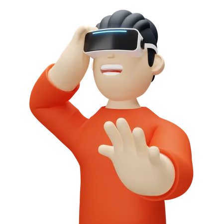 Boy wearing virtual reality headset and waving hand  3D Illustration