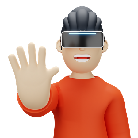 Boy wearing virtual reality headset and waving hand  3D Illustration