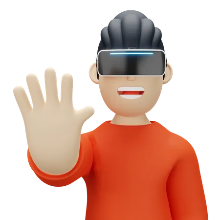 Boy wearing virtual reality headset and waving hand  3D Illustration