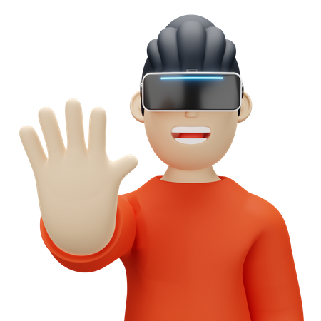 Boy wearing virtual reality headset and waving hand 3D Illustration