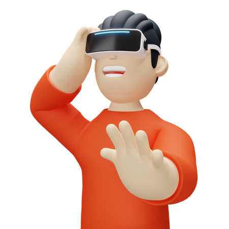 Boy wearing virtual reality headset and waving hand 3D Illustration