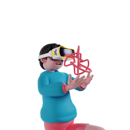 Boy wearing VR glass and solving virtual puzzle  3D Illustration