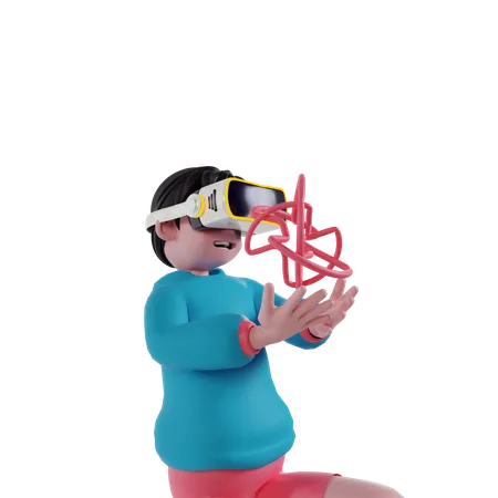 Boy wearing VR glass and solving virtual puzzle  3D Illustration