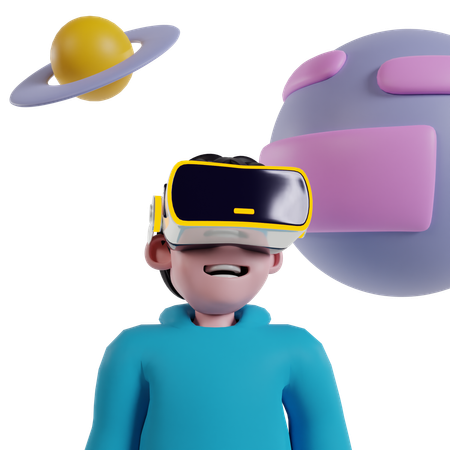 Boy wearing VR glasses and exploring universe  3D Illustration