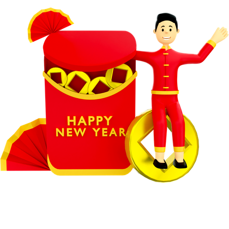 Boy with Chinese new year envelop  3D Illustration