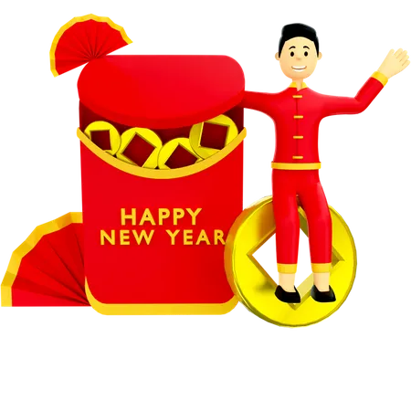 Boy with Chinese new year envelop  3D Illustration