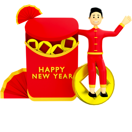 Boy with Chinese new year envelop 3D Illustration