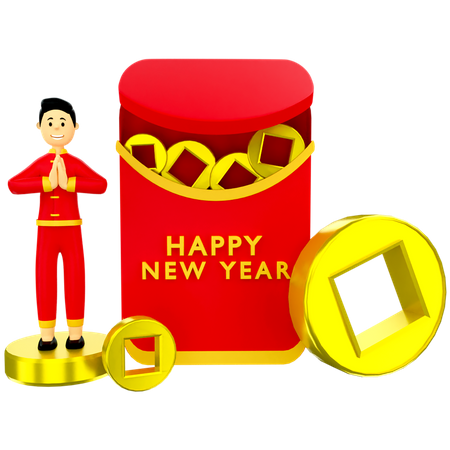 Boy with Chinese red envelop  3D Illustration