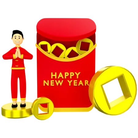 Boy with Chinese red envelop  3D Illustration