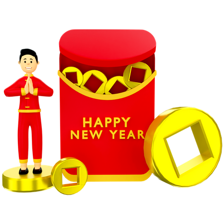 Boy with Chinese red envelop 3D Illustration