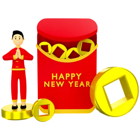 Boy with Chinese red envelop 3D Illustration