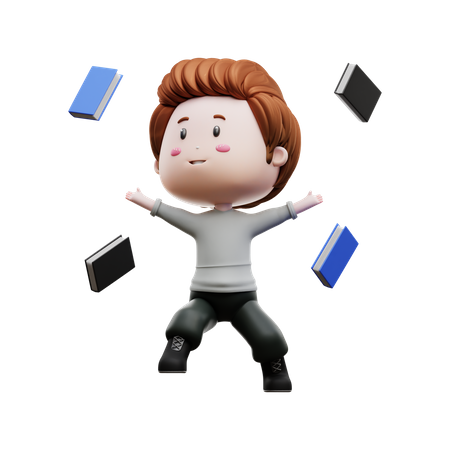 Boy with flying book 3D Illustration