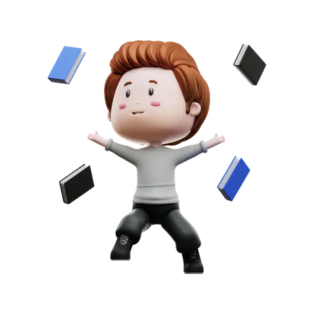 Boy with flying book 3D Illustration