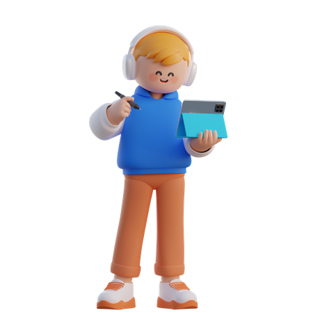 Boy With His Ipad  3D Illustration