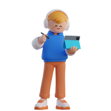 Boy With His Ipad  3D Illustration