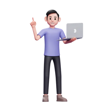 Boy Standing Holding Laptop With Left Hand And Raising Finger Up Gets An Idea 3 D Render Character Illustration 3D Illustration