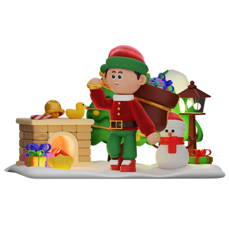 Boy With Sack Of Gifts  3D Illustration