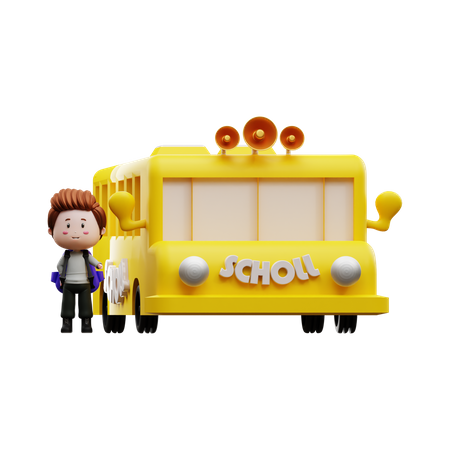 Boy with school bus 3D Illustration