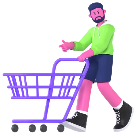Boy With Shopping Cart  3D Illustration
