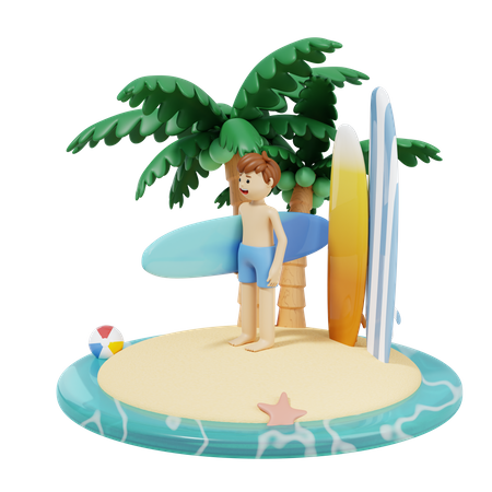 Boy With Surf Board On Beach  3D Illustration