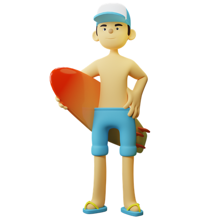 Boy With Surfing Board  3D Illustration