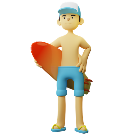 Boy With Surfing Board 3D Illustration