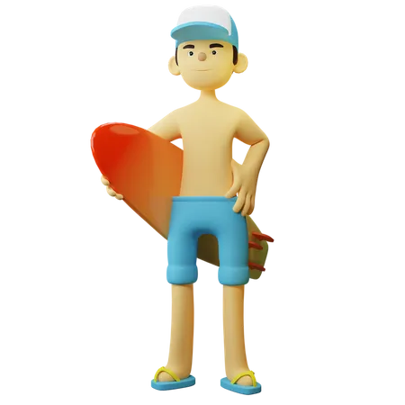 Boy With Surfing Board 3D Illustration