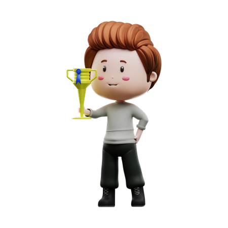 Boy with trophy 3D Illustration
